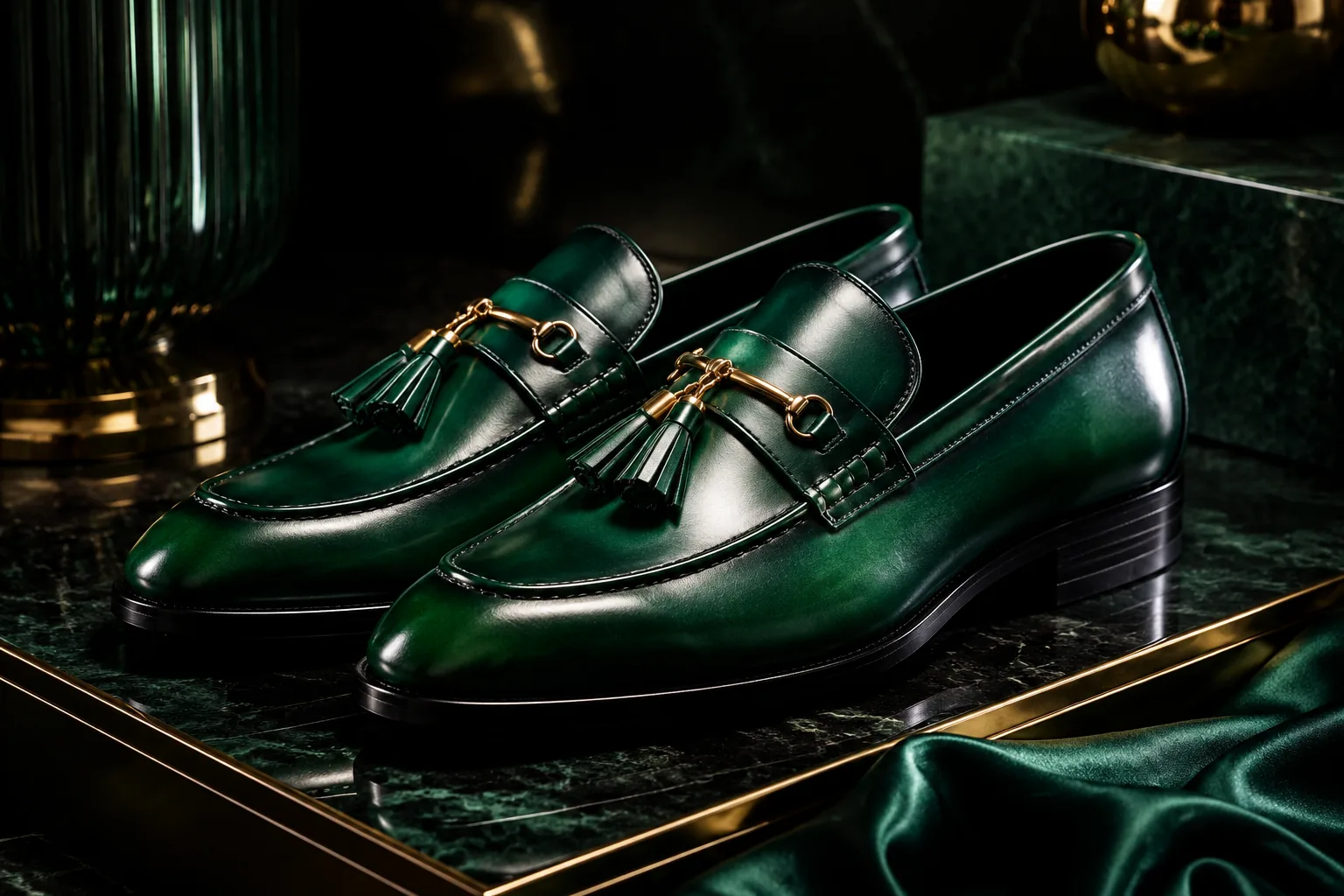 Mocasin de cuero esmeralda Verdeval modelo Guadalquivir con borla y detalle dorado